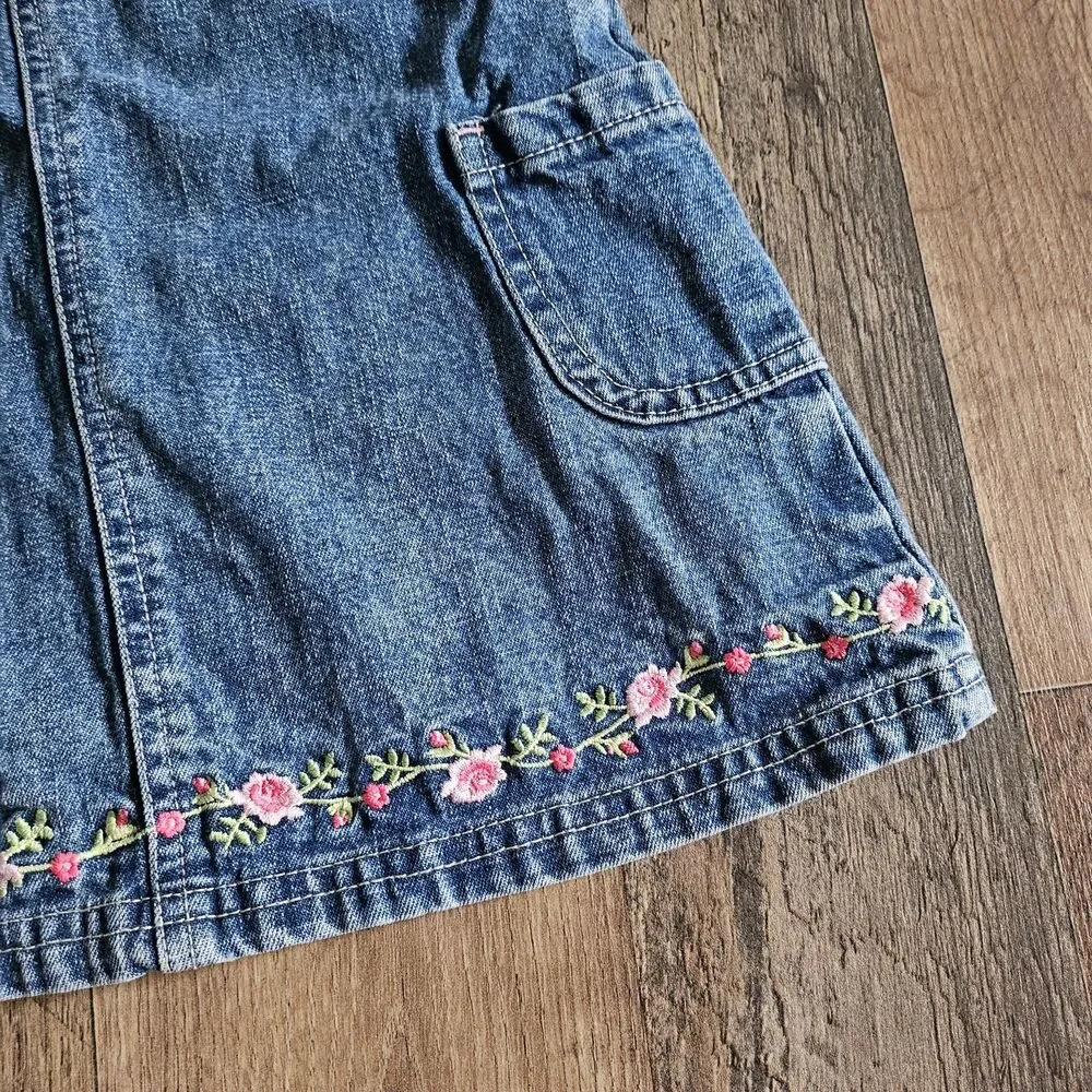 Vintage Y2K Carters Floral Embroidered Denim Overall Pinafore Dress Toddler 3T